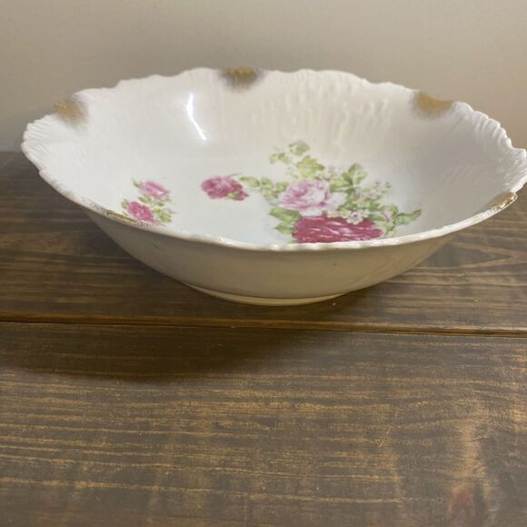 VTG Porcelain bowl red/pink roses 9” Shabby Chic Rare Gold Gilding - Picture 2 of 13